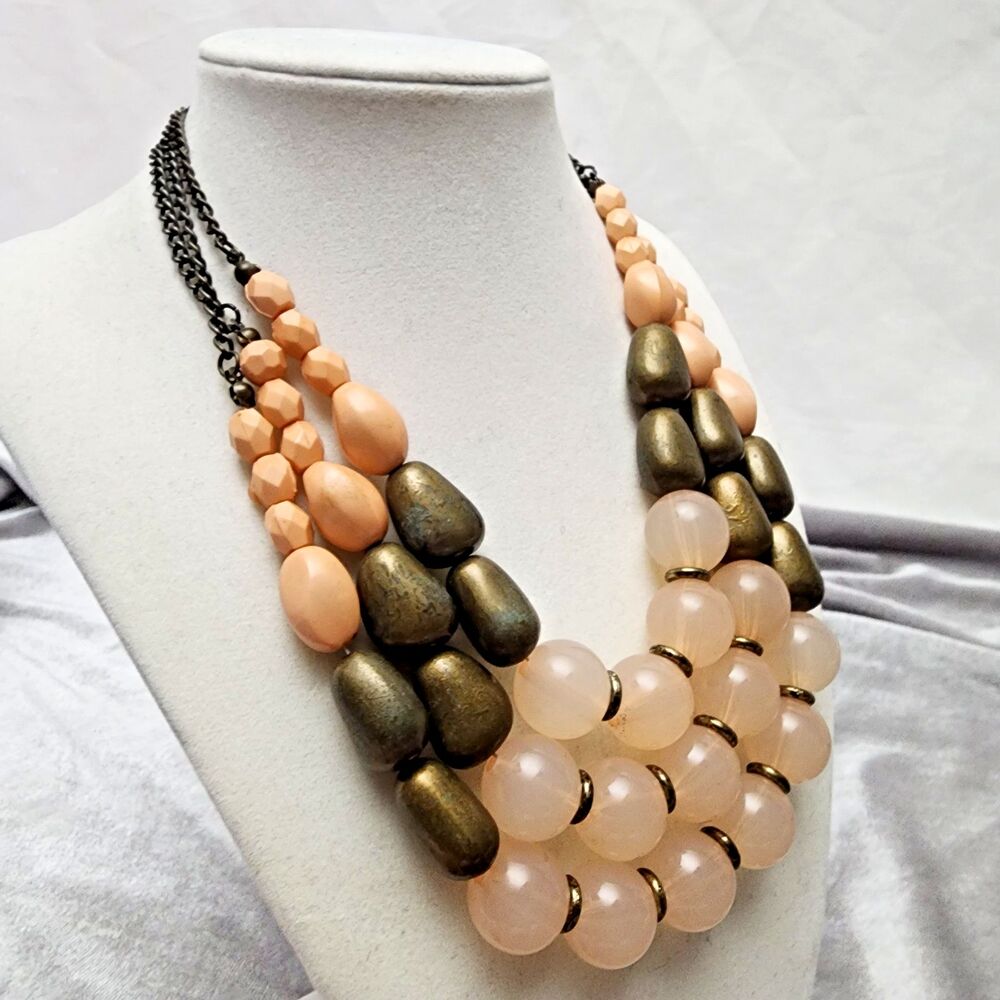 Peach Bronze 3 Strand Beaded Bib Necklace Boho Retro Statement